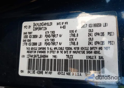 2003 Dodge Ram 1500 Slt/Laramie/St from USA, damaged, VIN 1D7HA18N73J640944